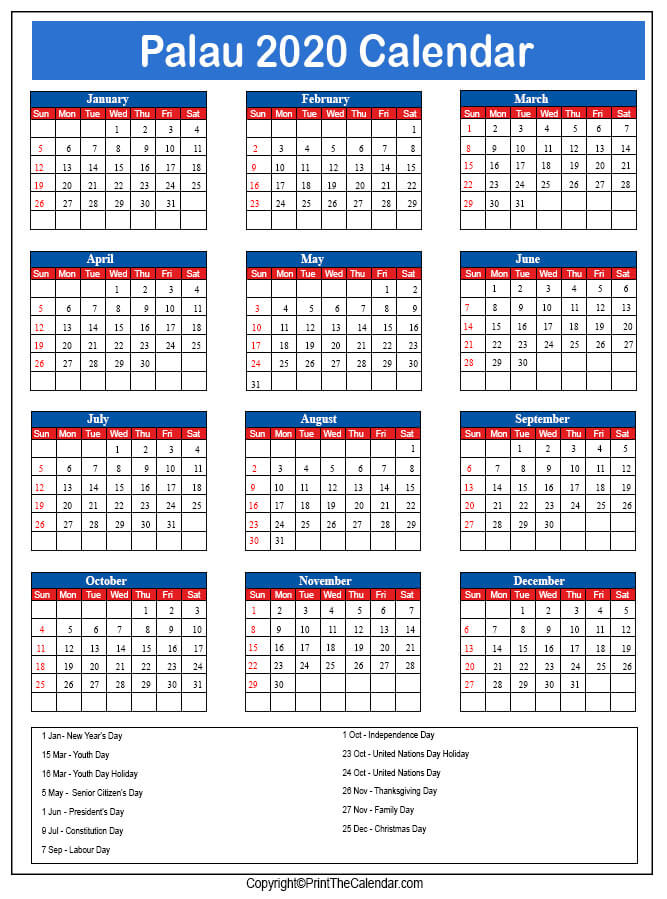 Palau Printable Calendar 2020